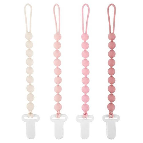 MINMUNJIU Pacifier Clips Baby Girl, 4 Pack One Piece Flexible Soft Binky Clips Silicone Pacifier Holder Clip for Girls, Baby Girl Newborn Essentials