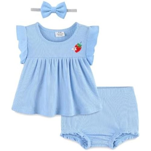 Fullfamous Newborn Baby Girl Summer Clothes 3 Piece Cotton Top and Bloomer Shorts Clothing Set NB-24Months