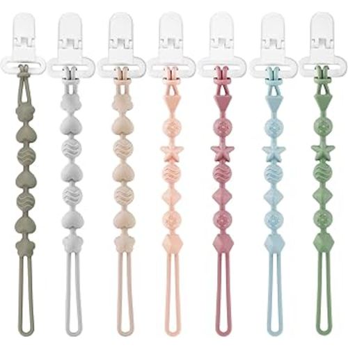 PandaEar 7 Pack Silicone Pacifier Clips, Pacifier Holder with One Piece Design for Baby Boys & Girls 3 Month+, Teething Toys Teethers