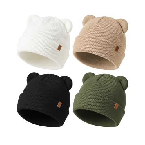 Konssy 4 Pack Baby Beanie with Bear Ear Warm Winter Hat for Newborn Infant | Cozy Double-Layer Knitted Warm Cap, Extra-Soft Stretch Beanies, Multicolor Set, Baby Winter Hat for Boys and Girls 0-6 Months