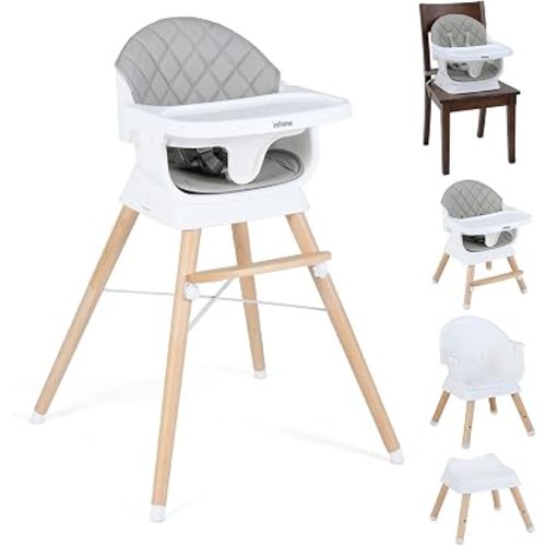 INFANS Baby High Chair, 6 in 1 Wooden Convertible Highchair for Babies and Toddlers, Infant Dining Booster Seat Kids Stool with Adjustable Removable Tray (Light Grey)