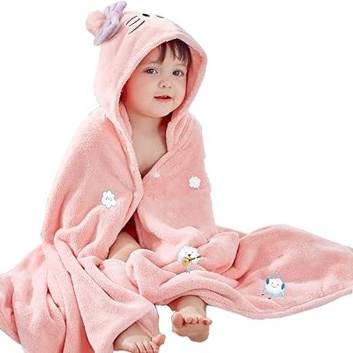 Toddler Baby Bath Towel with Hood 27.5"X55" Ultra Absorbent Soft Cozy Comfort Bathrobe Blanket, 0-6 Years Infant Shower Towel for Girls(Pink Cat)