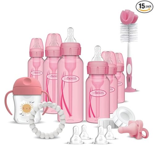 Dr. Brown's Anti-Colic Options+ Special Edition Pink Baby Bottle Gift Set with Sippy Spout Cup, Happy Paci Pacifier, Teether, Bottle Brush and Travel Caps (Pacifier/Teether Style May Vary)