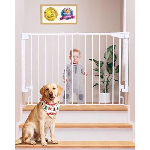 Cumbor 29.2–43" Baby Gate for Stairs, Hardware Mounted (Drill Required), Expandable No Bottom Bar Dog Gate, Auto Close Extra Wide Walk Thru, Pet & Toddler Proof Gate, Top & Bottom of Stairways (White)
