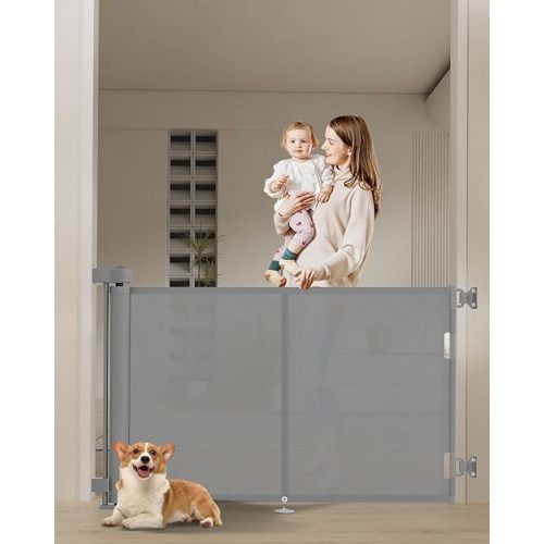 59 inch Retractable Baby Gates 34 inch Tall, Retractable Gate with Reinforced Strip Design to Prevent Crawling Through, 5 FT Retractable Dog Gate for Stairs, Doorways, Hallways, Indoor/Outdoor
