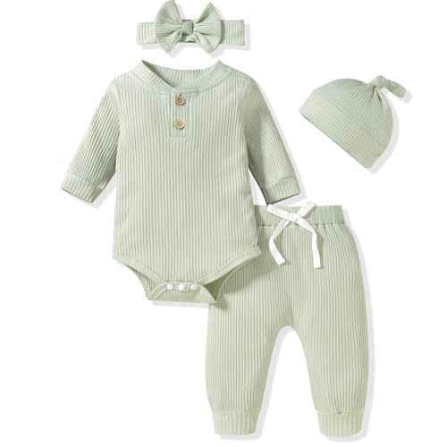 Aalizzwell Gender Neutral Long Sleeve Baby Ribbed Outfit with Hat & Headband