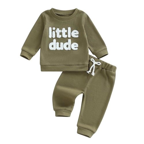 Kupretty Toddler Baby Boy Fall Winter Clothes Embroidery Waffle Knit Sweatshirt Pullover Tops + Casual Pants Outfit Set