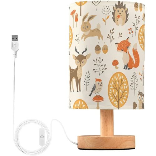 Bedside Table Lamp Woodland Animals Nightstand Lamp with Wood Fox Owl Deer Buuny Trees Leaves Desk Lamps for Bedroom Living Room Nursery Office Home Decor