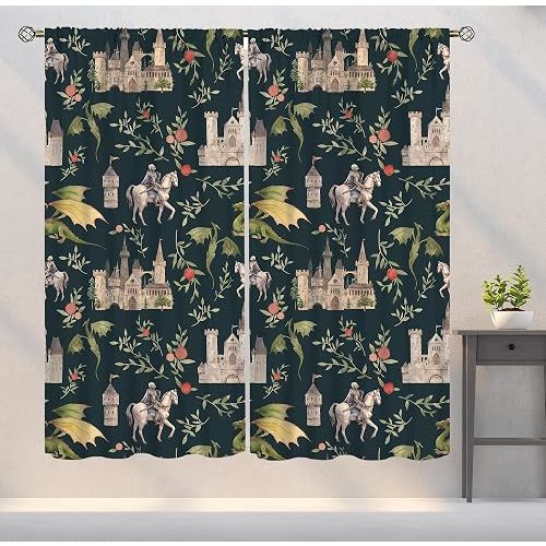 Dragon Curtains, Magical Medieval Castle Dragon Knights and Floral Pattern Window Treatments, Fairy Tale Print Blackout Drapes 2 Panel Set for Living Room Bedroom Kitchen21 W X 45"" L, Style-4