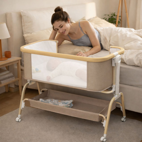 Latitude Run® Baby Bassinet, Rocking Bedside Sleeper, Detachable & Portable Bassinet With 8-Level Height, Breathable Mesh, Storage Basket & Rotating Mobile Toy For Newborns Infant(Khaki) - Wayfair Canada