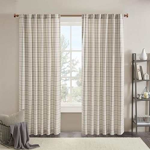 Madison Park Anaheim Cabin Plaid Curtain Window, Thermal Insulated Fleece Lining, Living Room Decor Room Darkening Drape for Bedroom, 1-Single Panel Pack, 50x63 Rod Pocket, Natural
