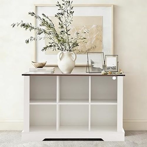 6 Cube Storage Organizer, 2 Tier Bookshelf for Living Room, Farmhouse Bookcase with Led, Kids Toy Storage Cabinet, Wall Cubby Shelves for Home Decor, Wood Display Cabinet for Bedroom, White