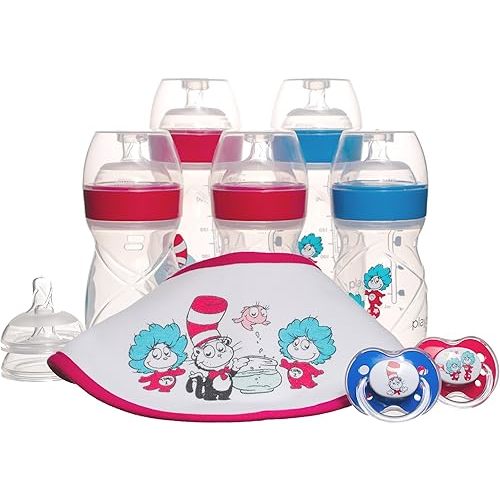 Playtex Baby Dr. Seuss Newborn Gift Set with 5 Nurser Bottles (3X 4Oz, 2X 8Oz), 2 Binky Pacifiers, 60 Drop-Ins Liners & Bib, Bottles for Newborn and Breastfeeding Babies, Feeding Essentials