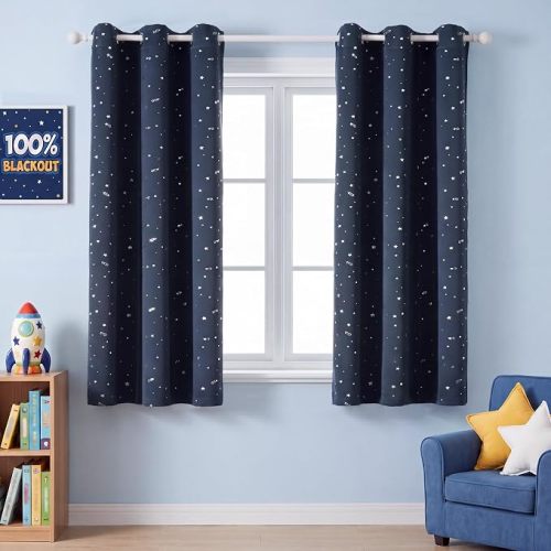 H.VERSAILTEX Blackout Star Curtains for Kids Room Boys Girls Twinkle Silver Stars Thermal Insulated Cute Thick Soft Curtain Drapes, Grommet Top, 1 Panel, 40" W x 63" L, Navy