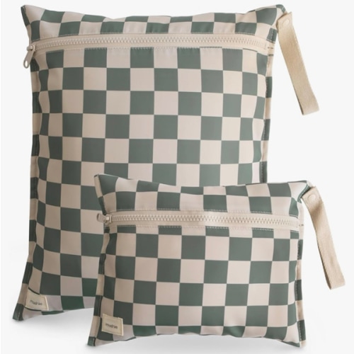 mushie Water Resistant Wet Bags | Large & Small Reusable Storage Bag for Baby Items and Travel | Zippered Pockets with Handle | Machine Washable, Set of 2 (Olive Check)