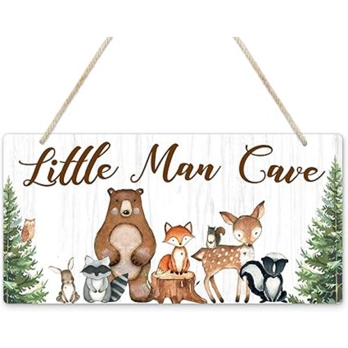 Uflashmi Wood Little Man Cave Sign, Woodland Animal Nursery Wall Decor for Baby Boys Room, Woodland Theme Nursery Room Decor for Toddler Boy, 12”x6”