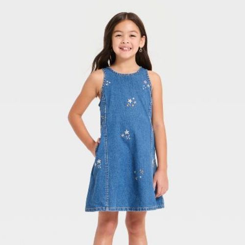 Girls' Embroidered Denim Shift Dress - Cat & Jack™ Medium Wash S