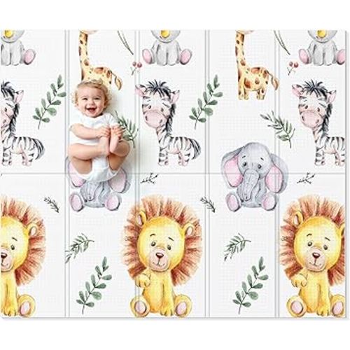 71x59 Foldable Foam Baby Play Mat for Floor, Babies Activity Tummy Time Playmat, Kids Non Toxic Foam Thick Play Mat for Baby, Toddlers, Waterproof & Anti-slip Crawling Mats,Lion,71x59