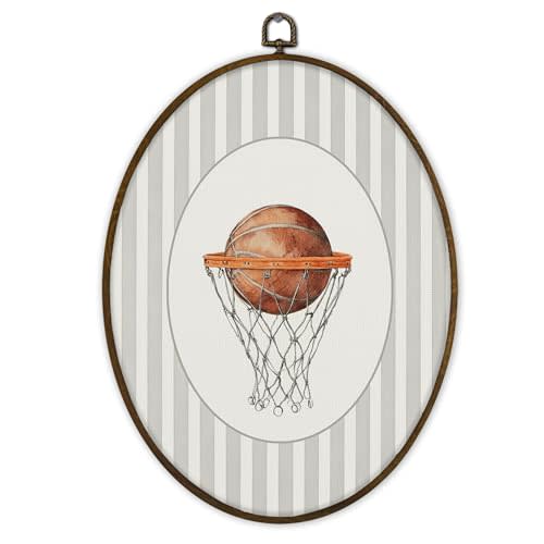 Gnmduw Retro Basketball Oval Wall Art Framed, Retro Sports Nursery Canvas Prints Hanging Decor, Neutral Nursery Striped Wall Decor for Kids Toddlers Room Boys Room Playroom, 8.7x11.3 Inch
