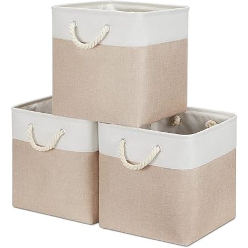 Fabric Storage Baskets for Organizing Beige 13 Inch Collapsible Square Baskets 3 Pack Organization Bins Large Cube Storage Bins Closet Baskets for Shelves Clothes