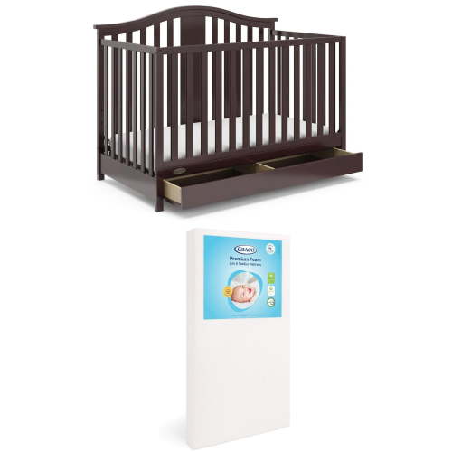 Graco Solano 4-in-1 Convertible Crib with Drawer and Premium Crib & Toddler Mattress Bundle, Espresso
