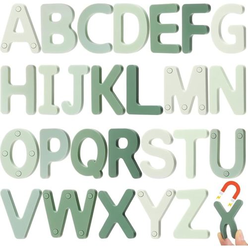 VioraWhite 26 Pcs Food Grade Silicone Magnetic Letters (Sealed Magnet, CPC Certified) Toddler Fridge Bulk ABC Educational Learning Toy for Baby Kid Girl Boy Gift(Greenery Color,Letter)