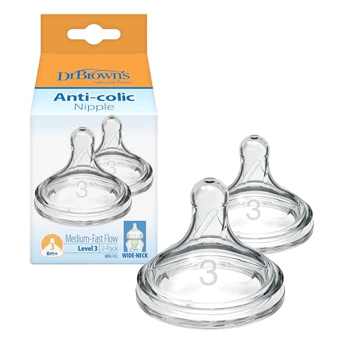 Dr. Brown’s Natural Flow Level 3, Wide-Neck Baby Bottle Nipple, Medium-Fast Flow, 6m+. 100% Silicone, 2 Pack