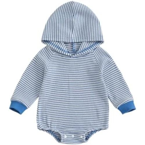 Vicaankue Newborn Baby Boy Clothes Striped Hooded Romper Waffle Knit Long Sleeve Bubble Romper Bodysuit Fall Winter Outfit