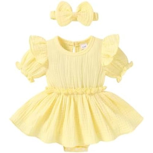 Happy Town Newborn Baby Girl Clothes Infant Summer Romper Ruffle Puff Sleeves Jumpsuit with Headband Toddler Outfits