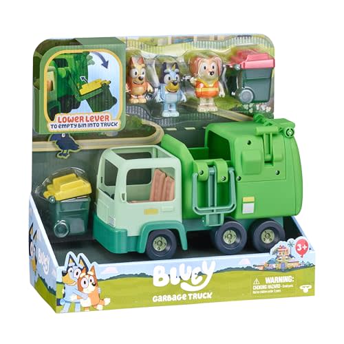 Bluey Garbage Truck Playset, Bingo & Bin Man Figures, Garbage Truck Toys for Boys Age 4-7 w/ Characters, Interactive Lever Action