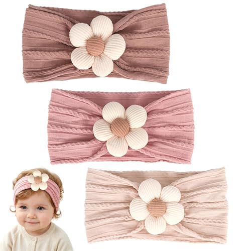 MIUXUESO 3 Pcs Baby Flower Headbands Baby Girls Nylon Headband Soft Hairbands Hair Accessories for Newborn Infant Toddler Kids (Beige Pink Khaki)