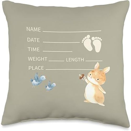 Personalized Newborn Baby Nursery Keepsake Bunny Blue Birds Throw Pillow