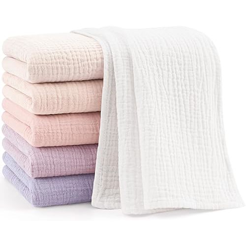Bearmoss 6 Pack Muslin Burp Cloths and Baby Washcloths, 23.6" X 23.6" 100% Cotton Absorbent Large Baby Burping Cloths for Boy, Girl, Newborn Essentials (Purple)