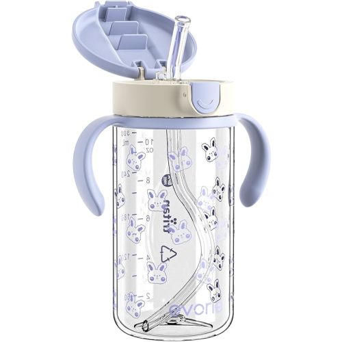 Evorie Tritan Spill Proof Toddler Straw Sippy Cup, 10 oz for Baby and Toddlers 1-3 Years Old, No Spill Straw Water Bottle with Removable Handles, Ideal for School, BPA-Free, Blue Rabbit