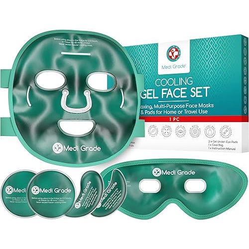Medi Grade Cooling Ice Face Mask and Cooling Eye Mask for Puffy Eyes & Migraine Relief - Self Care Face Ice Pack with ChillGel Face Ice Mask Technology - Cooling Face Mask, Eye Pads and Bag