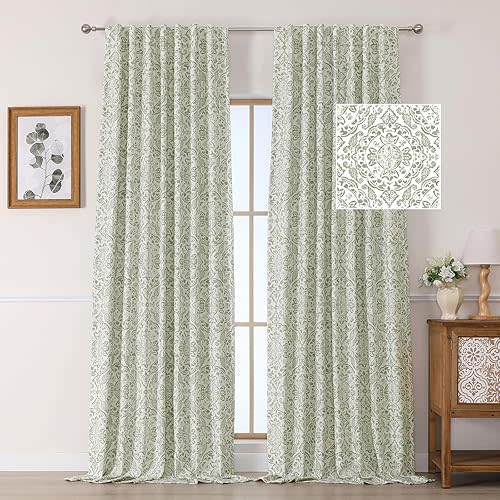 OWENIE Total Blackout Curtains for Bedroom 96 Inches Long 2 Panels, Medallion Printing Thermal Insulated 2 Layers Curtains for Living Room, Elegant Back Tab Drapes with Liner, Each 52Wx96L, Sage Green