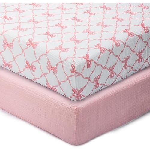 LollyBanks Muslin Crib Sheets 2 Pack, Soft and Breathable 100% Cotton Crib Fitted Sheets for Girls, Cozy and Snug Baby Sheet for Standard 52"x28" Mattress, Registry (Pink Bow and Solid Pink)