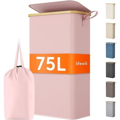 Lifewit 75L Slim Laundry Hamper with Lid, Narrow Laundry Basket with Removable Bag & Bamboo Handles, Fodable Thin Dirty Clothes Hamper for Laundry Collapsible Bin for Bathroom Bedroom Dorm, Pink