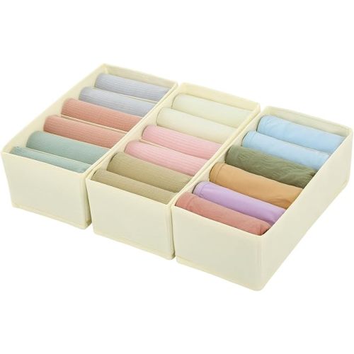 Qozary 3 Pack Sock Underwear Drawer Organizer Dividers, Non-Woven Fabric Collapsible Cabinet Closet Storage Boxes for Clothes, Socks, Lingerie, Underwear, Tie, Belt, Baby, Bedroom (Beige, 6 Cells)