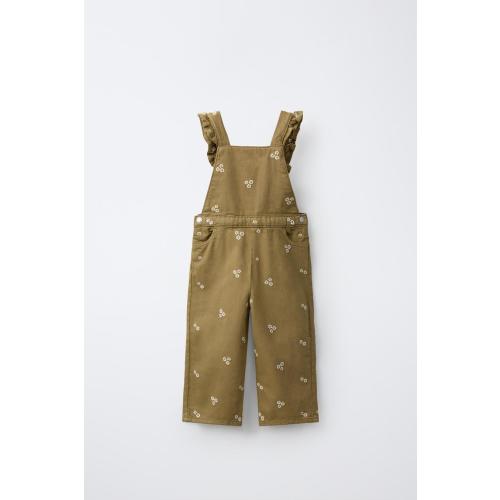 EMBROIDERED FLORAL TWILL OVERALLS - Mid-green | ZARA United States