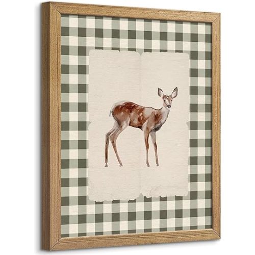 Wood Framed Deer Wall Art, Vintage Green Gingham Woodland Baby Deer Print on Canvas, Rustic Farmhouse Animal Poster for Nursery Wall Decor, Cottagecore Nature Picture for Bedroom Kitchen, 8x10 Inch