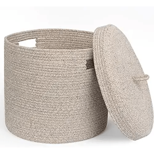 Storage Basket with Lid, Woven Blanket Storage for Living Room, Soft Cotton Rope Bin with Lid, Round Wicker Laundry Basket with Cover, Lidded Kids Dog Toy Bin, Nursery Organizer, 15" x 13"