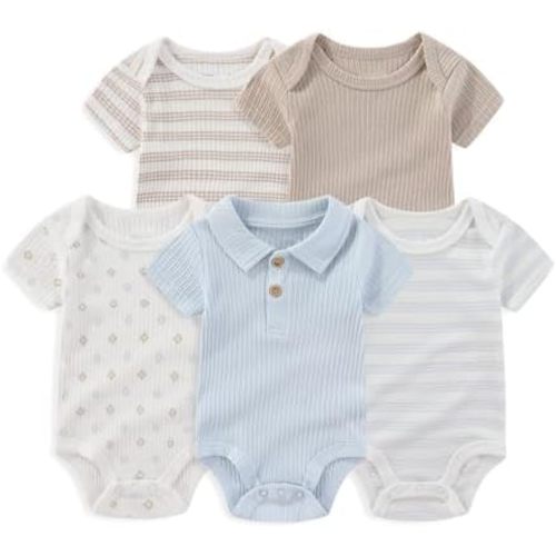 Falianni 5-Pack Cartoon Cute Baby Boy Girl Bodysuits Cotton Comfort Short Sleeve Baby Clothes 0-12 Months Infant Outfits