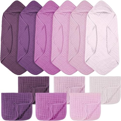 VitalCozy 12 Pcs Baby Muslin Hooded Bath Towels and Washcloths, Muslin Hooded Baby Towels Absorbent Blankets for Gift Newborn Infant Shower (Purple Series)