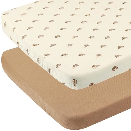 Onacosht Muslin Bassinet Sheets 33" x 19" Compatible with Mika Micky, KoolaBaby (3 in 1), BabyBond, HARPPA and RICUTON Bedside Bassinet, 2 Pack for Baby Boy and Girl, Natural and Rainbow