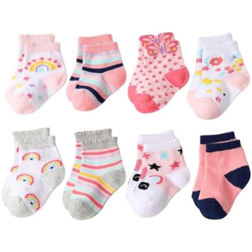 Meeshine 8 Pack Newborn Baby Girls Ankle Socks Preemie Cute Cartoon Crew Cotton Low Cut Socks for 0-2T Boys Kids