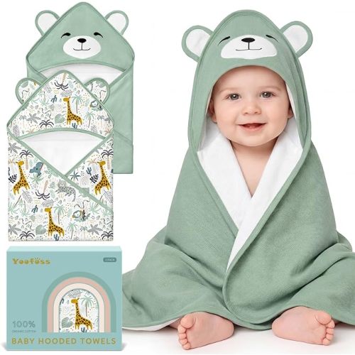 Yoofoss Hooded Baby Towels for Newborn 100% Organic Cotton Baby Bath Towel with Hood for Babies, Infant, Toddler and Kids, 32x32Inch, Soft and Absorbent Newborn Essential