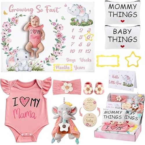 Baby Girl Gifts, Baby Shower Gifts for Girls, New Mom Gifts Baby Girl Gift Baskets Elephant Baby Milestone Blanket Mommy and Baby Canvas Pouch Set Pregnancy Gifts for Women and Baby
