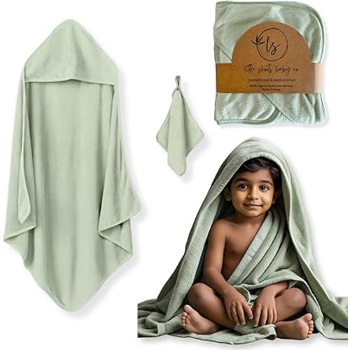 Baby Bath Towel with Hood and Washcloth Set, 100% Organic Rayon Made from Bamboo, Silky Soft and Absorbent, Large Size of 35" x 35" & 10" x 10" Baby Essential in Sage