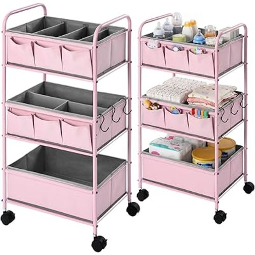 WILLBOND 3 Tier Baby Diaper Caddy Organizer Cart with 4+3 Dividers Large Capacity Metal Utility Bedside Rolling Cart for Newborn Nursery Essential Must Have for Crib Bedroom Baby Shower(Pink)